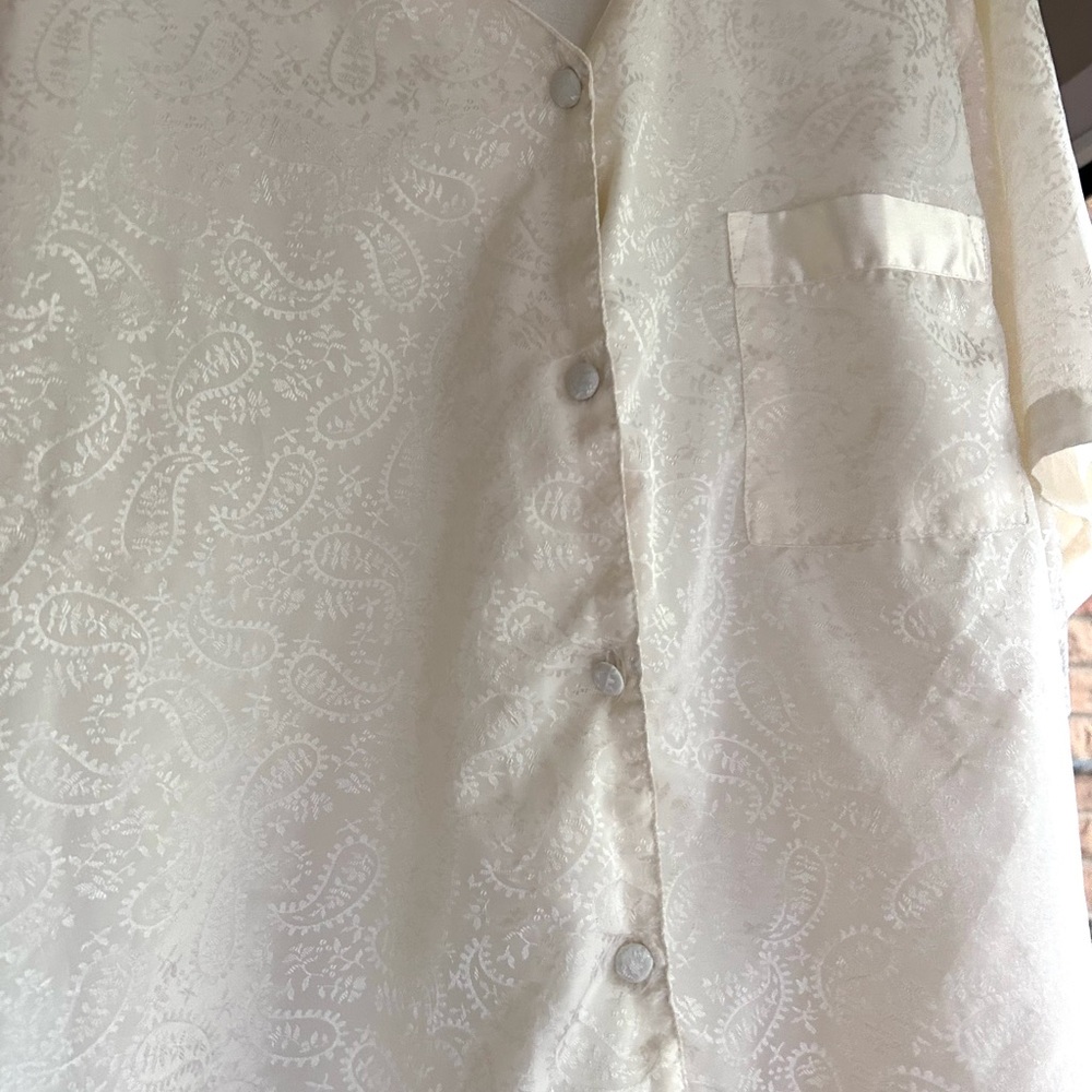 VINTAGE 90S LA NUIT Ivory Satin Jacquard Button Down Shirt Loungewear Top L / XL - Picture 6 of 14